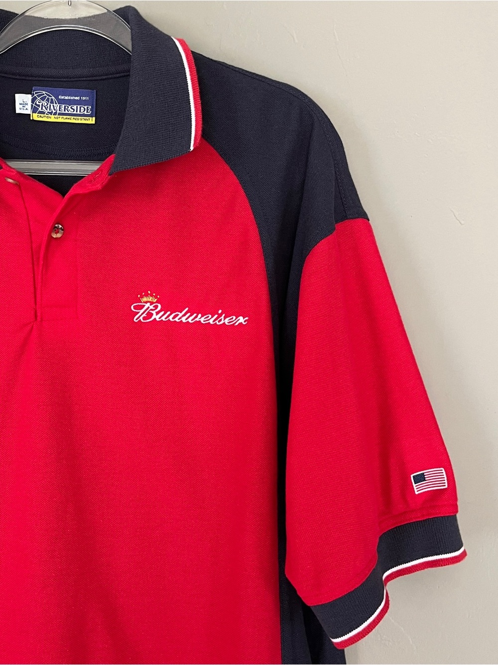 VTG 1990s USA Made Budweiser Bud Light Beer Embroidered Logo Polo US Flag L